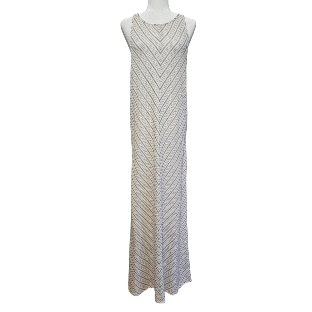 Womens Linen Maxi Dress Med Beige Neutral Sleeveless Striped‎ Boho Resort Summer
